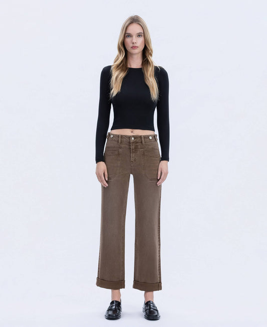 HIGH RISE TABBED WAISTBAND CUFFED SLIM WIDE JEANS