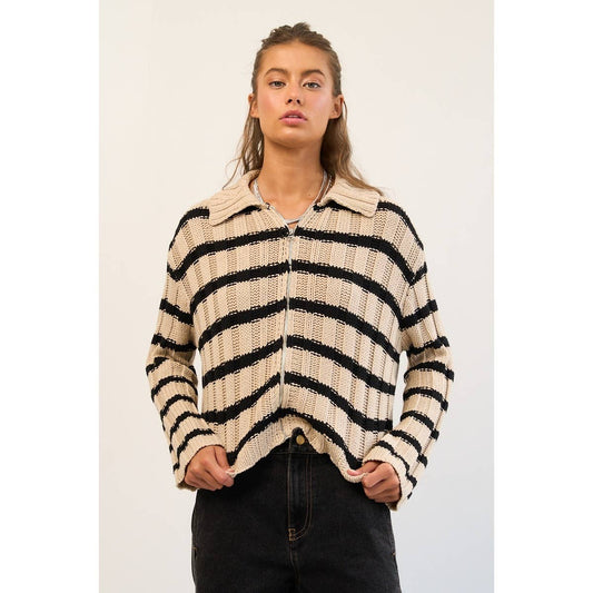 Cotton Blend Ribbed Stripe Knit Zip-Up Sweater