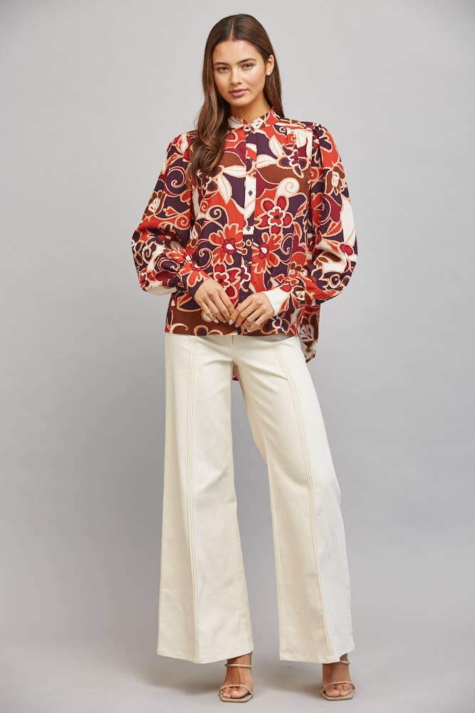 LARGE SCALE ABSTRACT FLORAL PRINT STAN-UP COLLAR BUTTON DOWN
