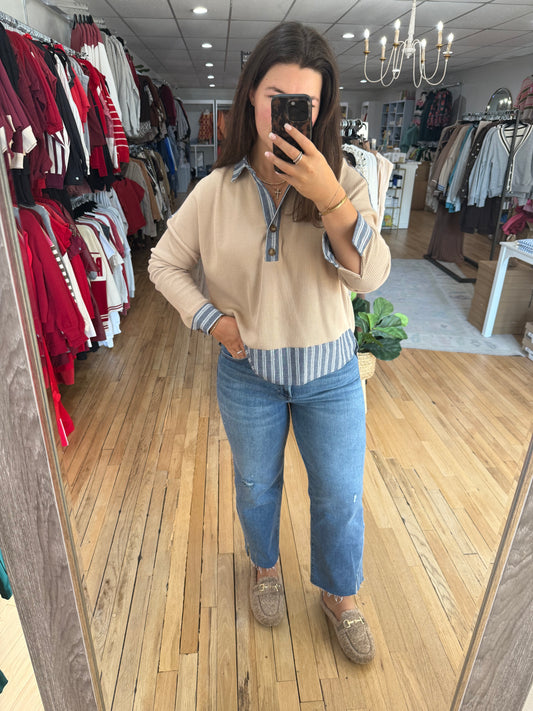 coco striped trim waffle knit top
