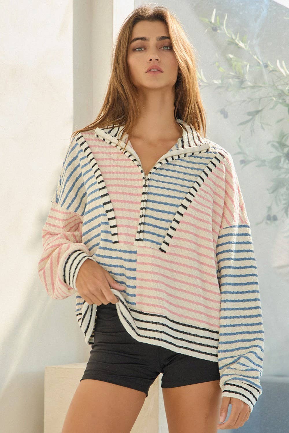 Oversized Funnel-Neck Half Zip Striped Top