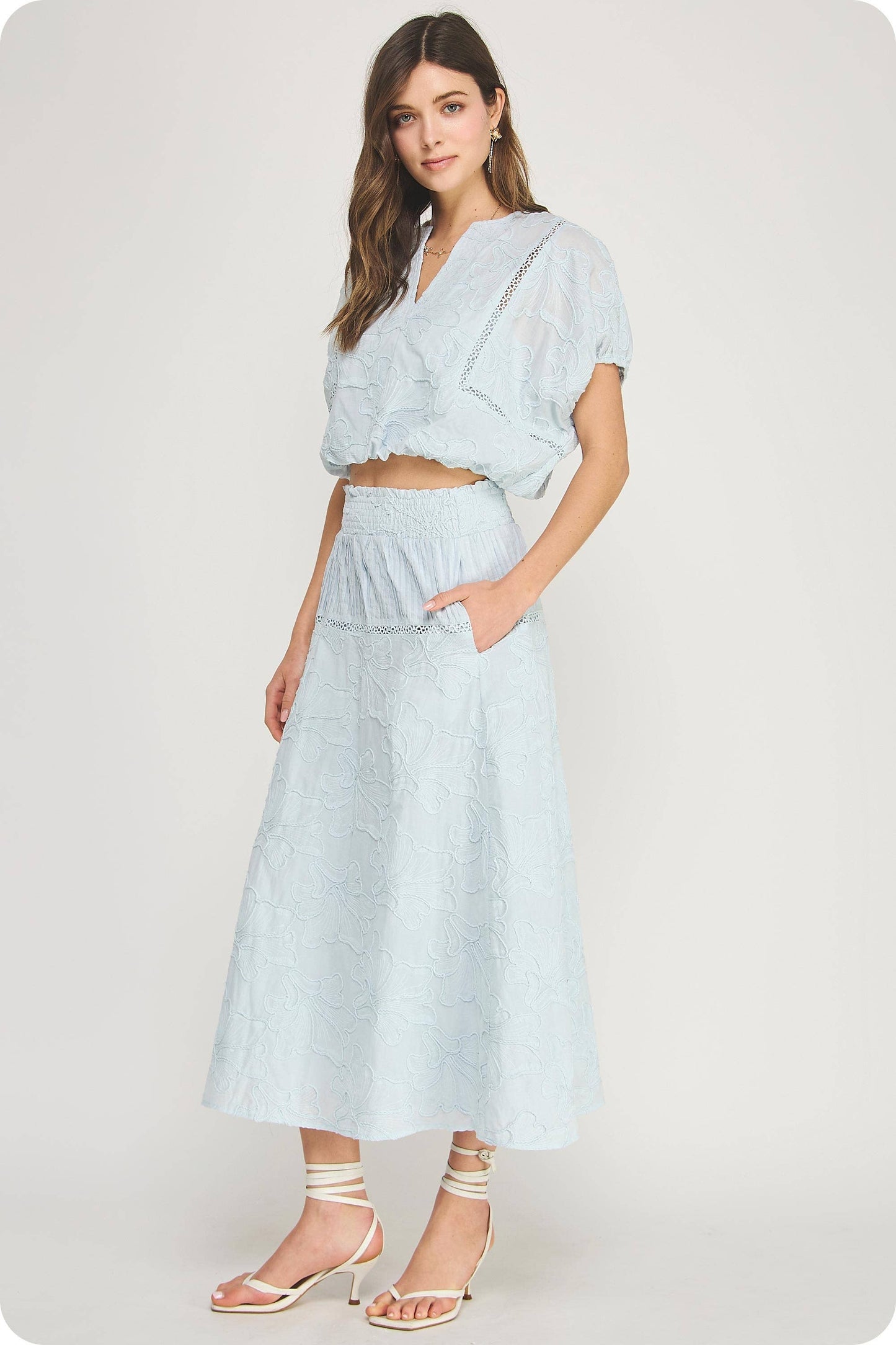Floral Embroidery Cotton Lace Trim Skirt Top Set