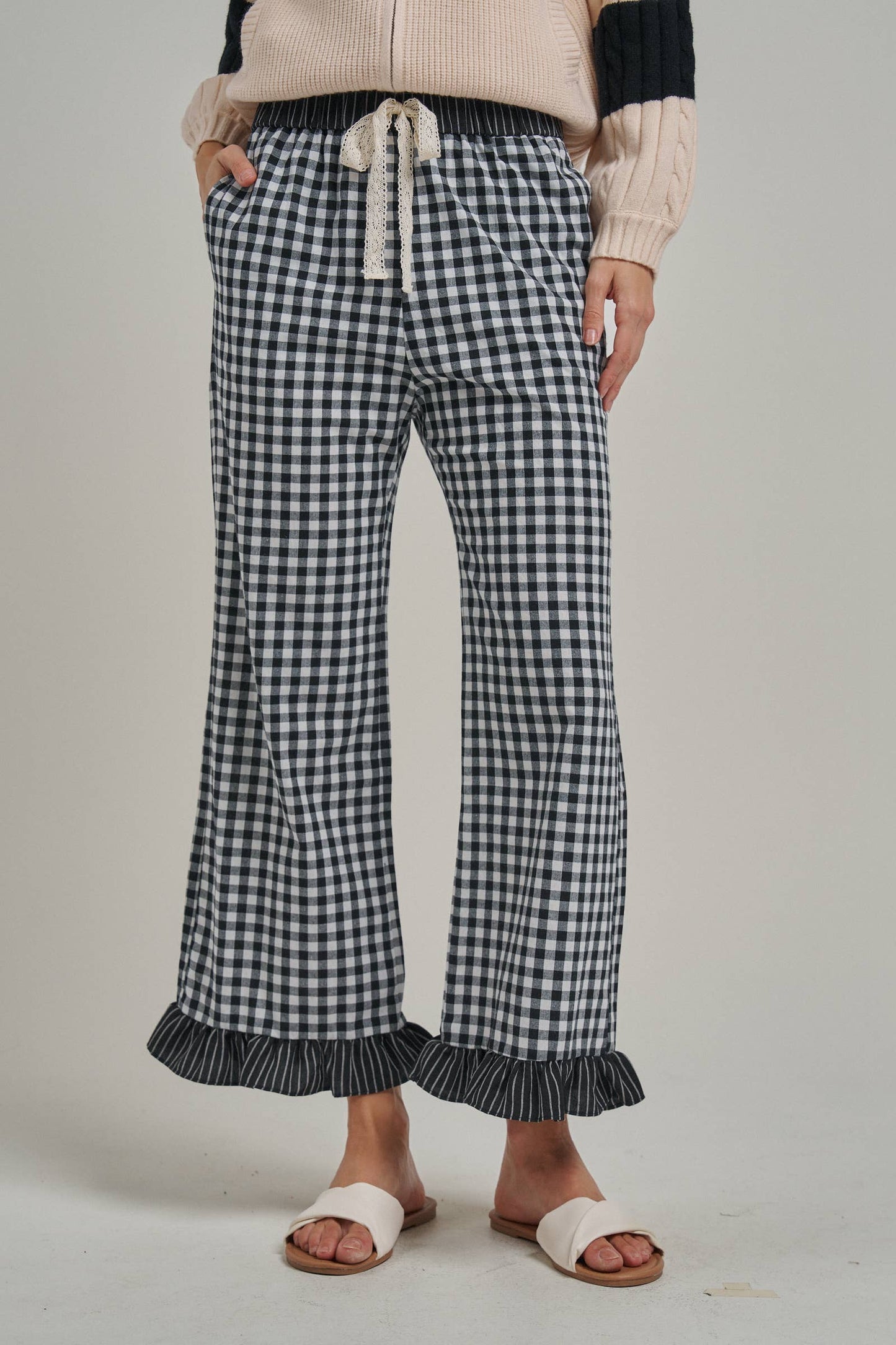 GINGHAM CHECK ELASTIC WAIST PANTS