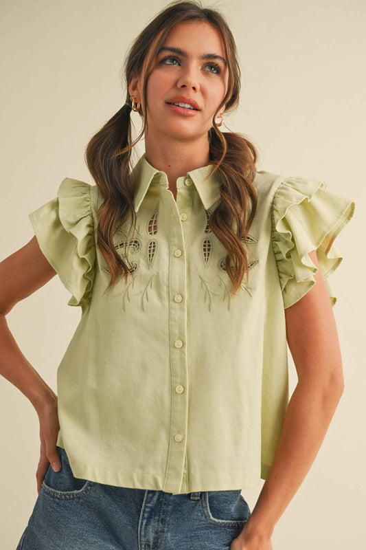 EMBROIDERED CUT OUT BUTTON DOWN TOP
