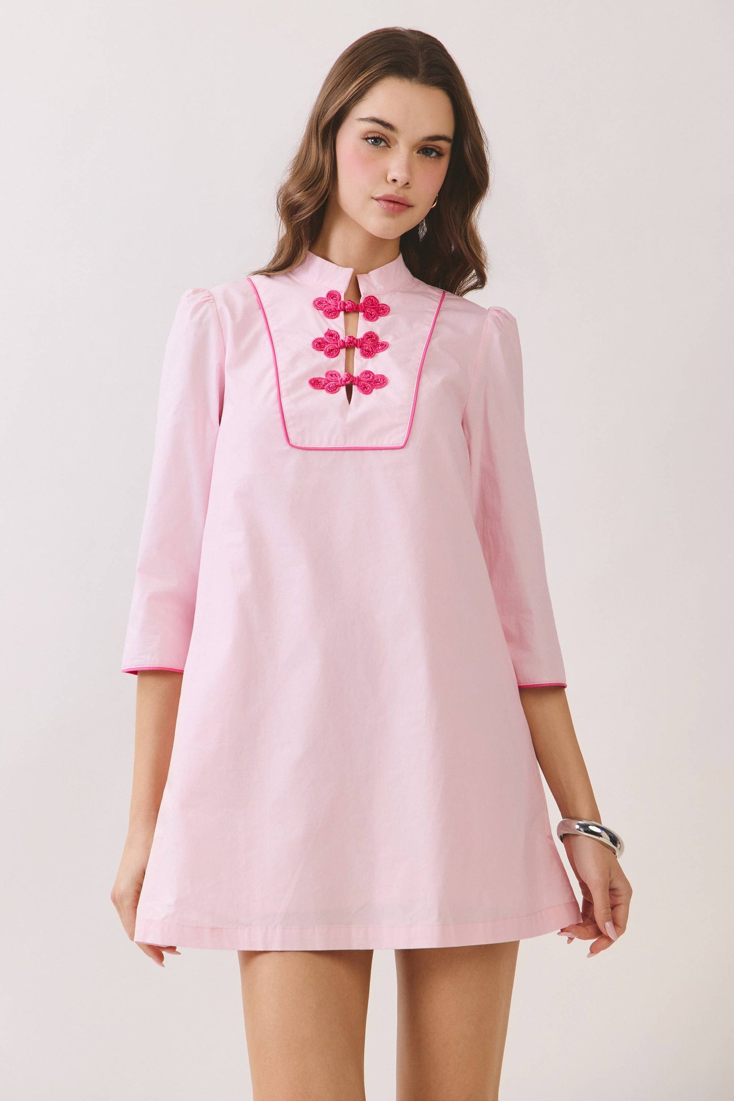 Mandarin Collar Contrast Frog Button Detail Dress