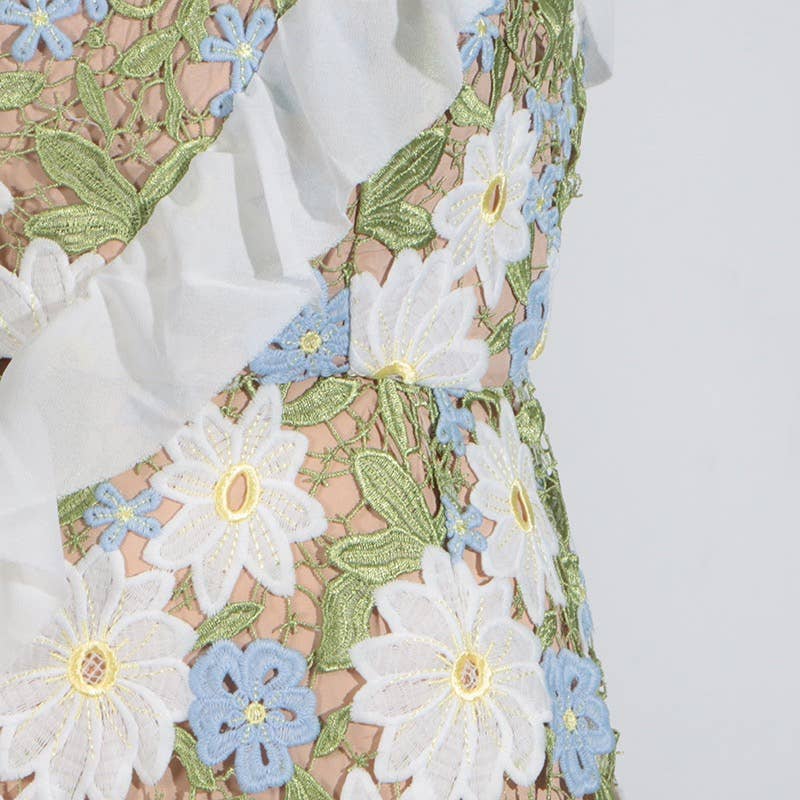 DR409 Floral Embroidered One-Shoulder Ruffle Maxi Dress