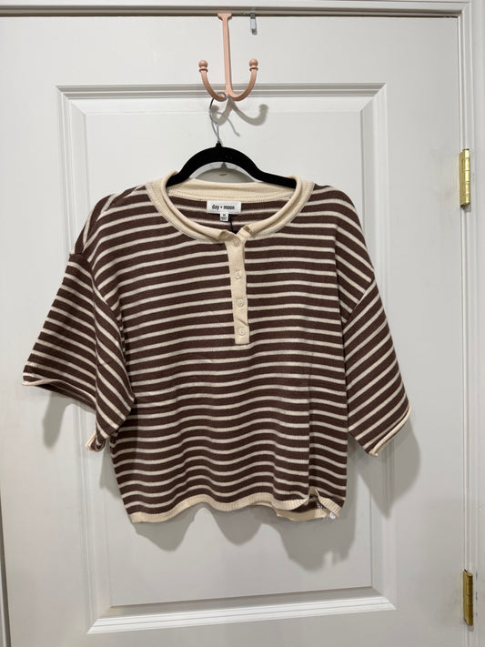 STRIPED SHORT SLEEVE HENLEY KNIT TOP DROP SHOULDER (2 colors)