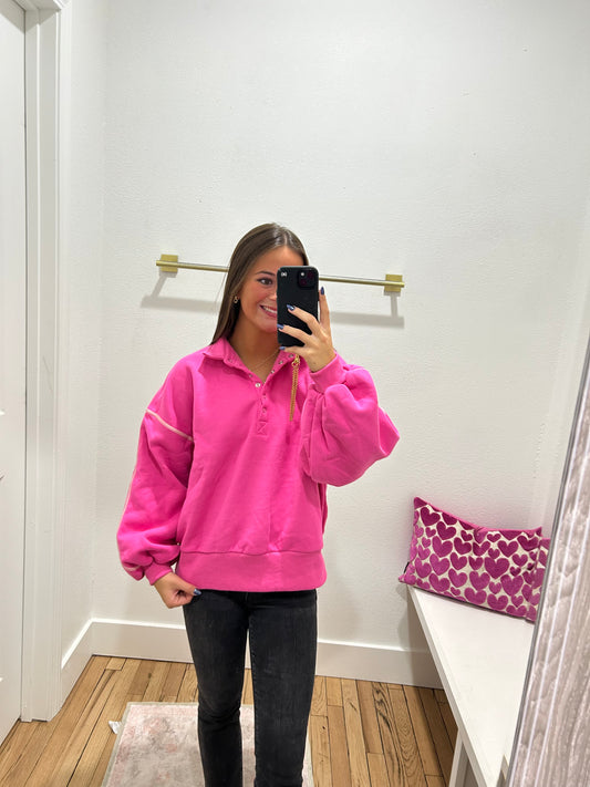 piper snap button contrast piping sweatshirt- PINK