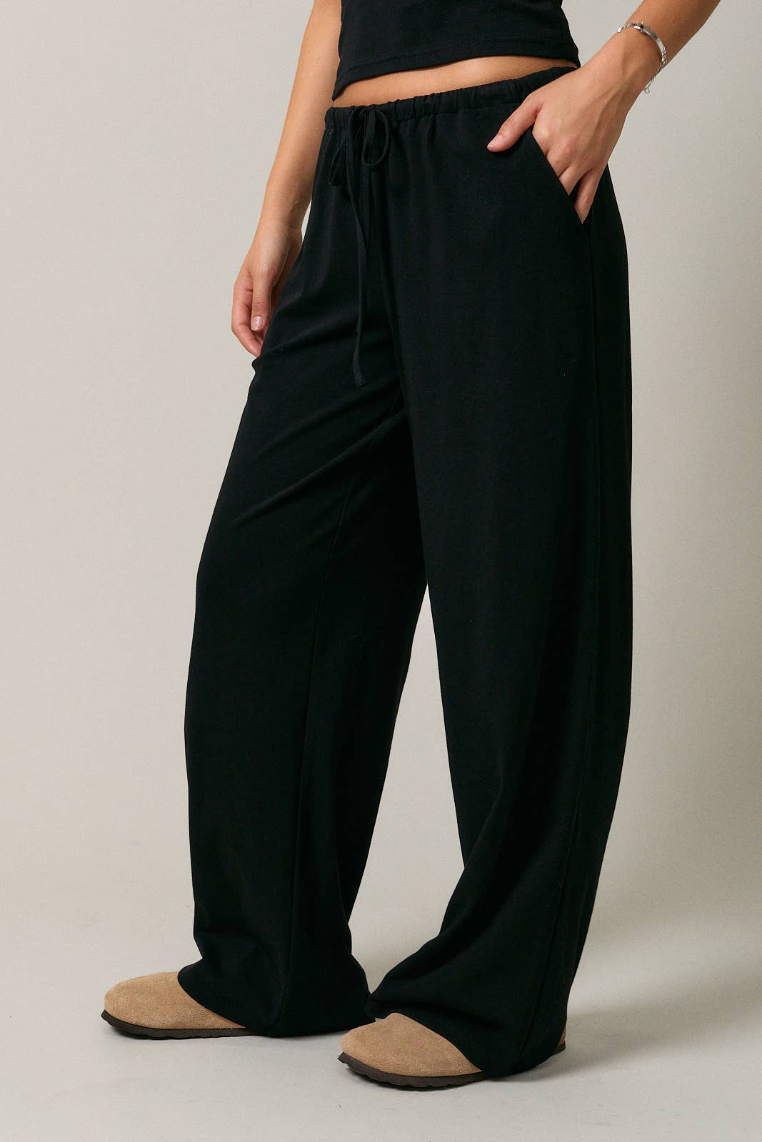 ELASTIC WAIST DRAWSTRING WIDE LEG PANTS