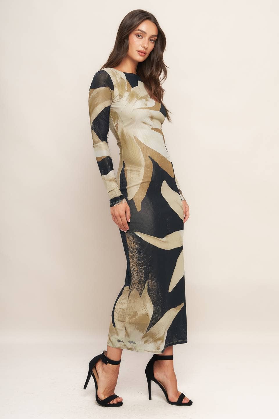 printed power mesh midi dress