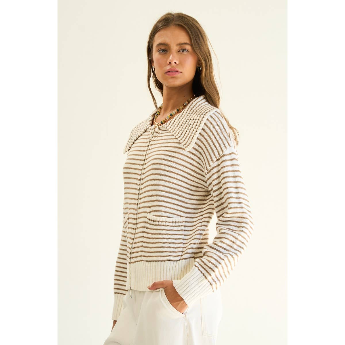 Striped Cotton Blend Zip-Up Sweater with Wide Collar