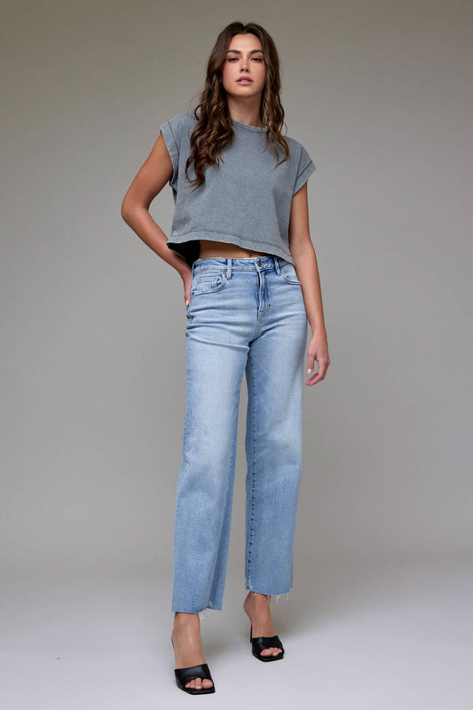 Light Wash Stretch Raw Hem Classic Straight