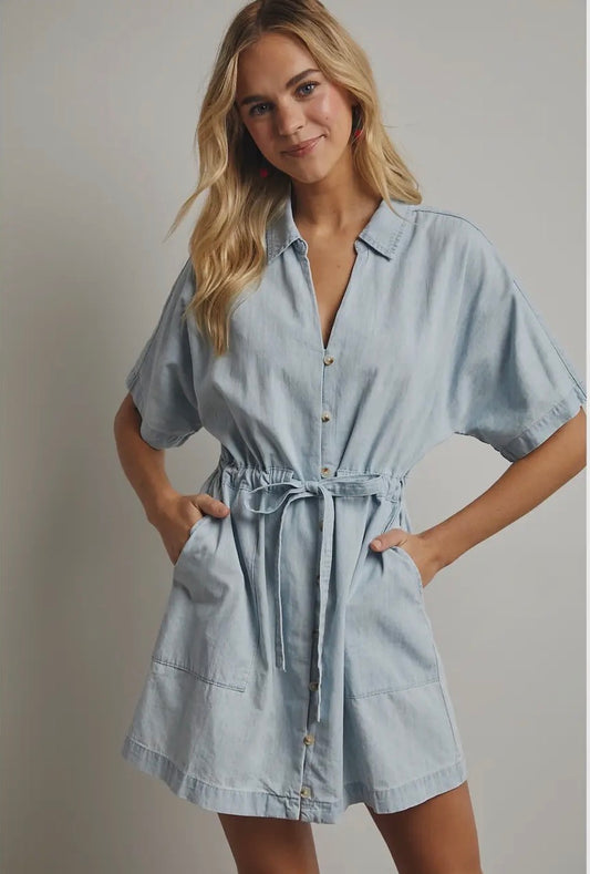 light denim collared mini dress