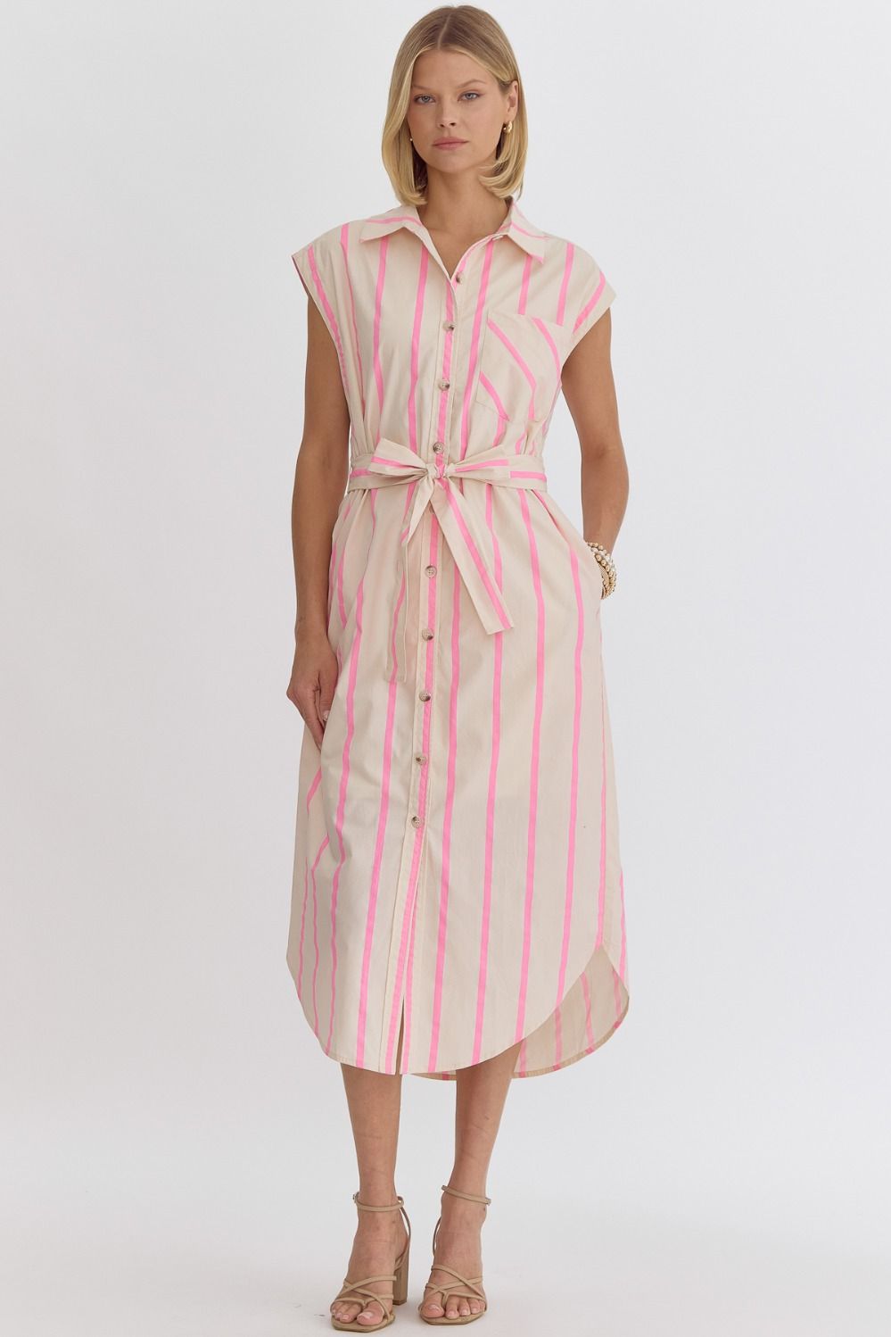 Pink Stripe Tie Midi Dress