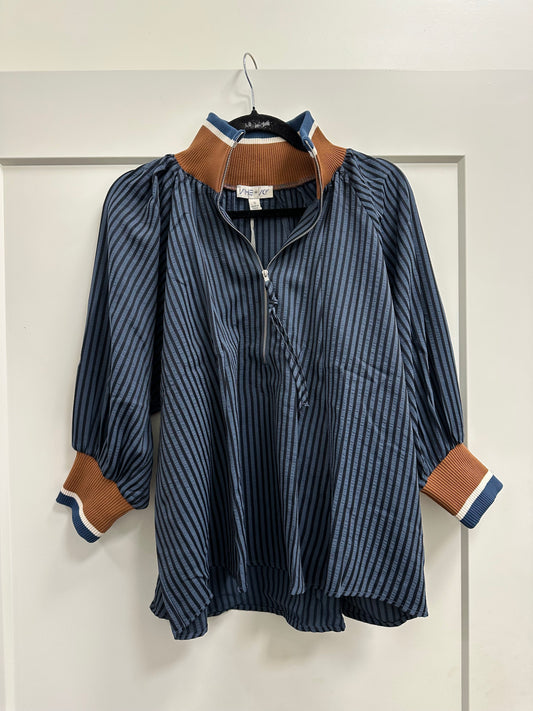 3/4 SLEEVE HALF ZIP STRIPED TOP