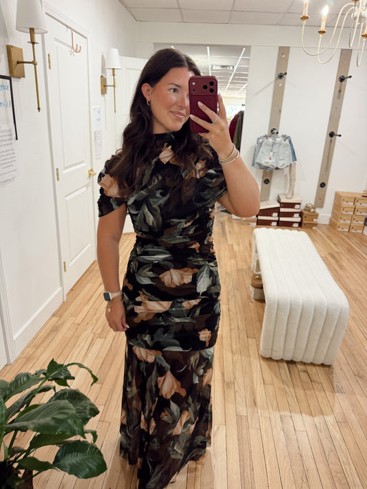 DIAGONAL CAPE RUCH FLARE MAXI DRESS