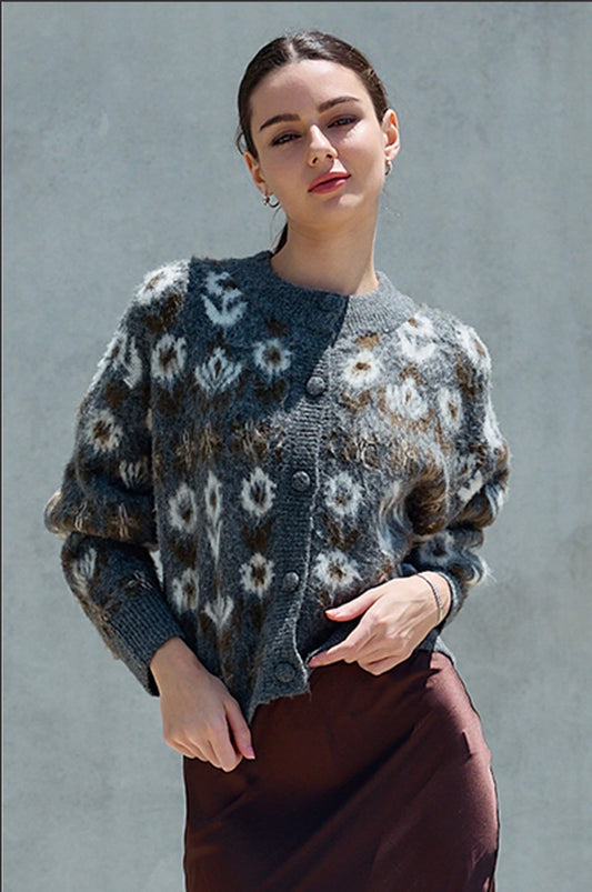 Fuzzy Nordic Floral Diamond Cardigan