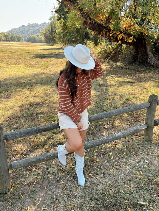 striped button down rust cardigan