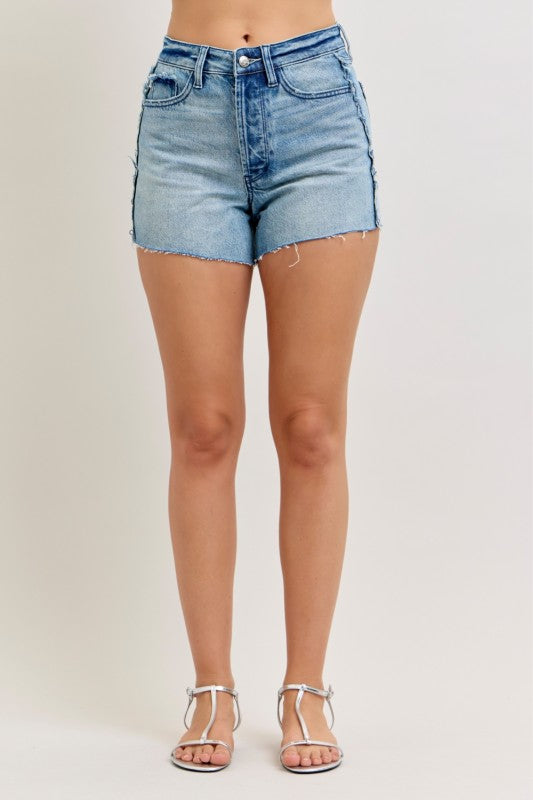 Judy Blue HW Rigid raw seam shorts