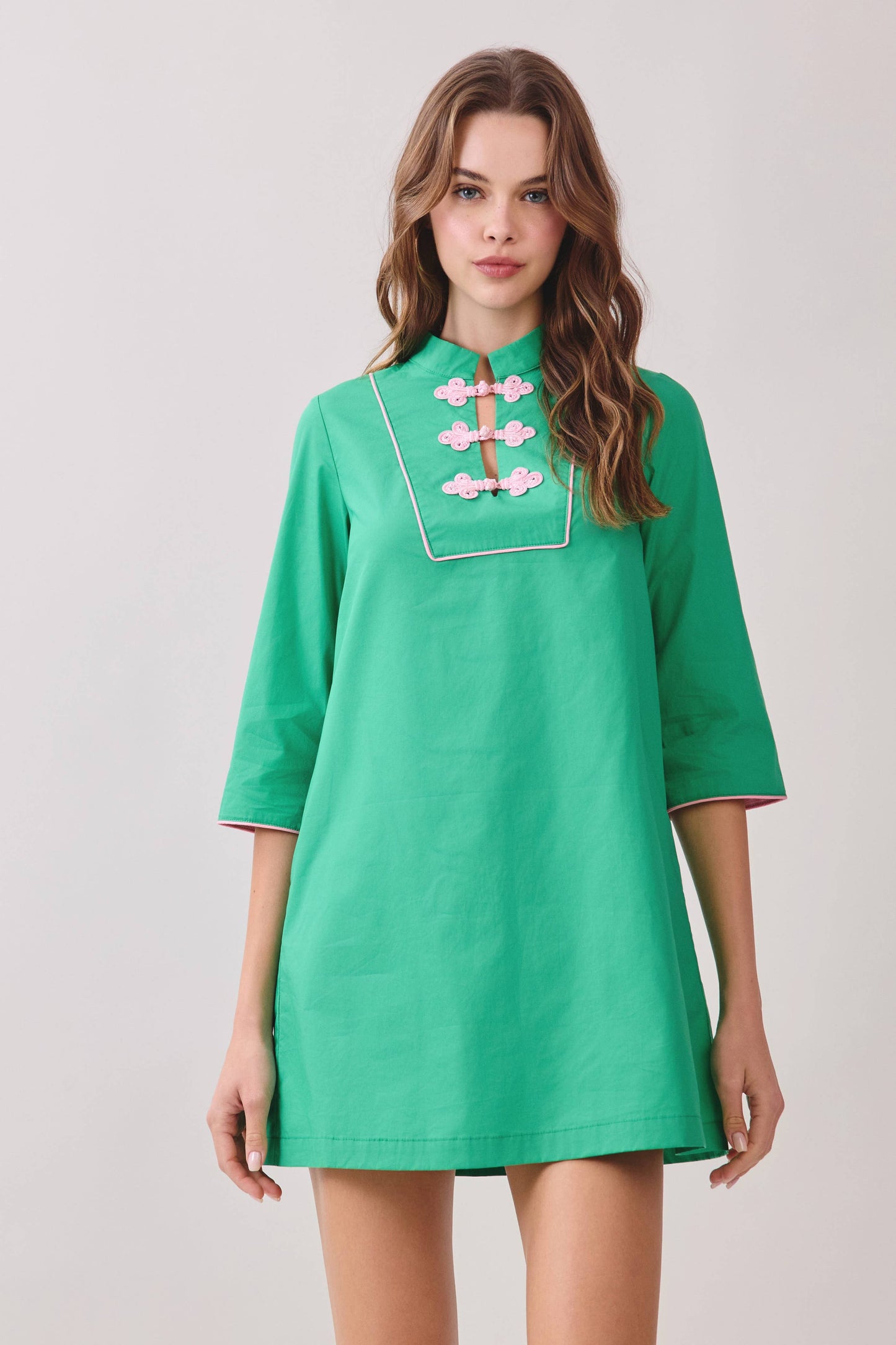 Mandarin Collar Contrast Frog Button Detail Dress