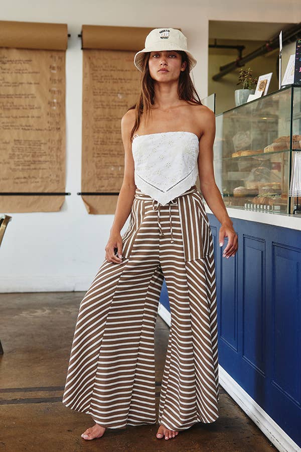 Spaghetti Tie Waist Stripe Print Wide Pants