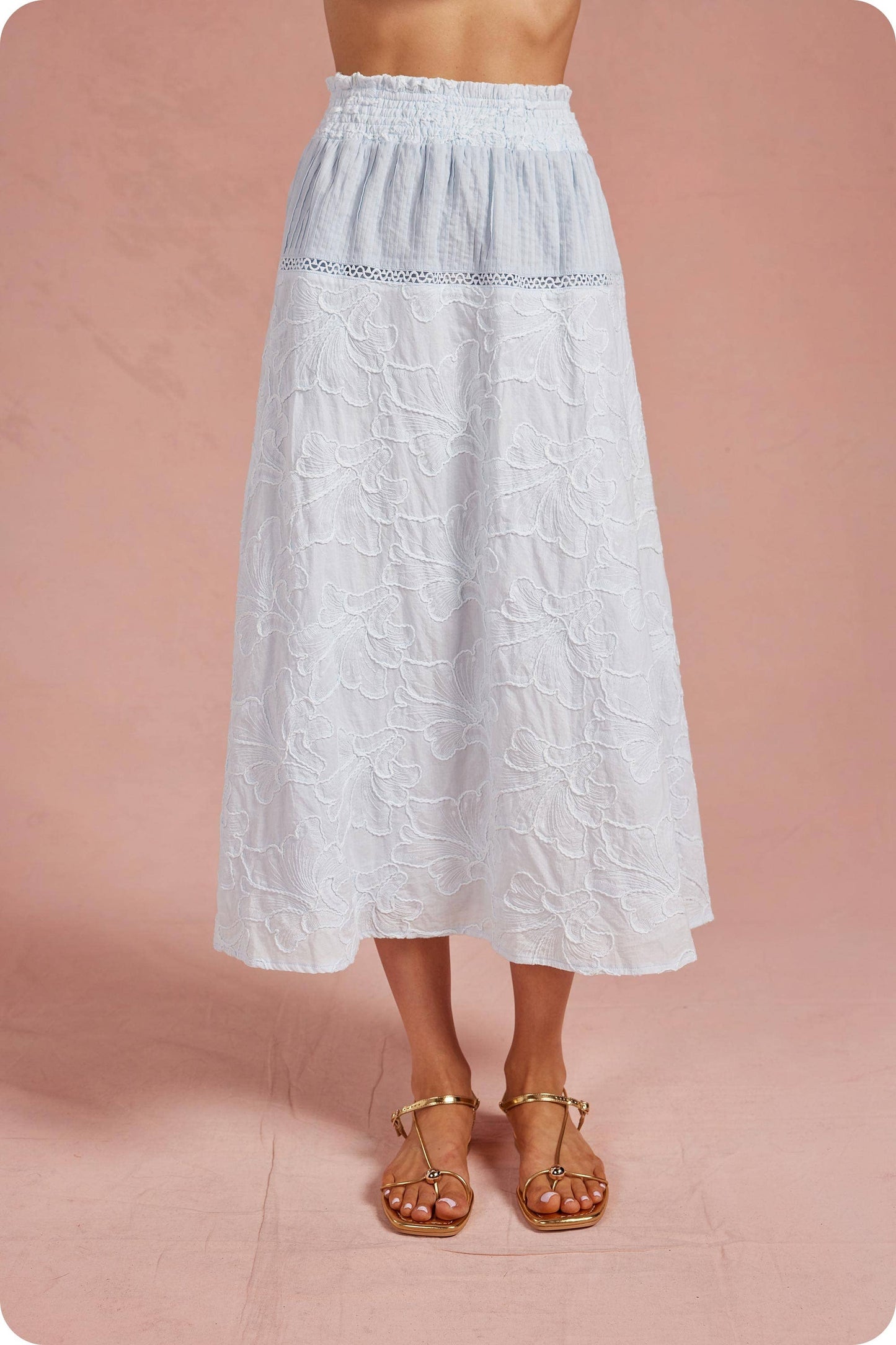 Floral Embroidery Cotton Lace Trim Skirt Top Set