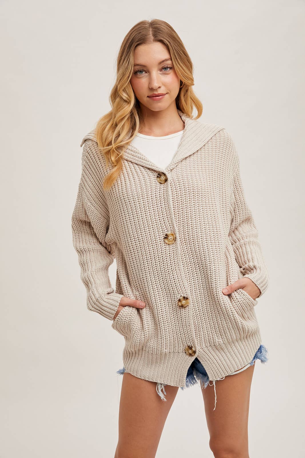 BUTTON DOWN COLLAR NECK RIBBED KNIT SWEATER CARDIGAN