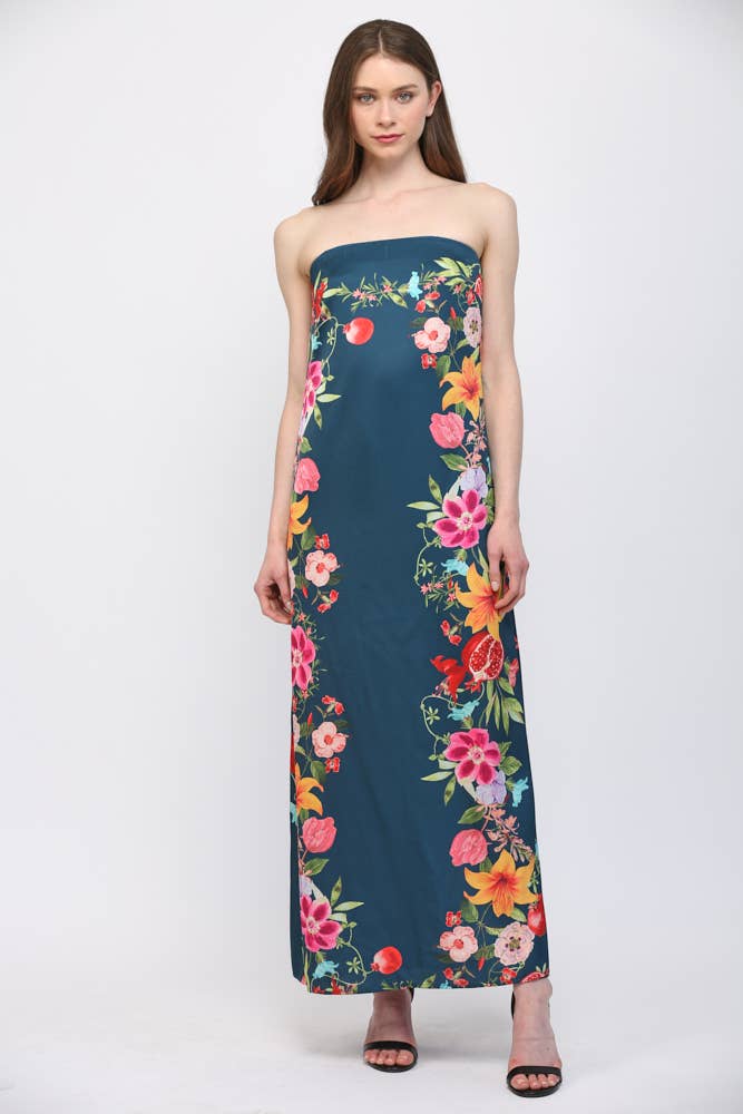 BOTANICAL BORDER PRINT STRAPLESS MAXI DRESS
