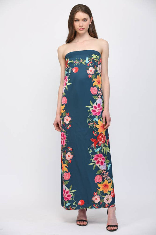 BOTANICAL BORDER PRINT STRAPLESS MAXI DRESS