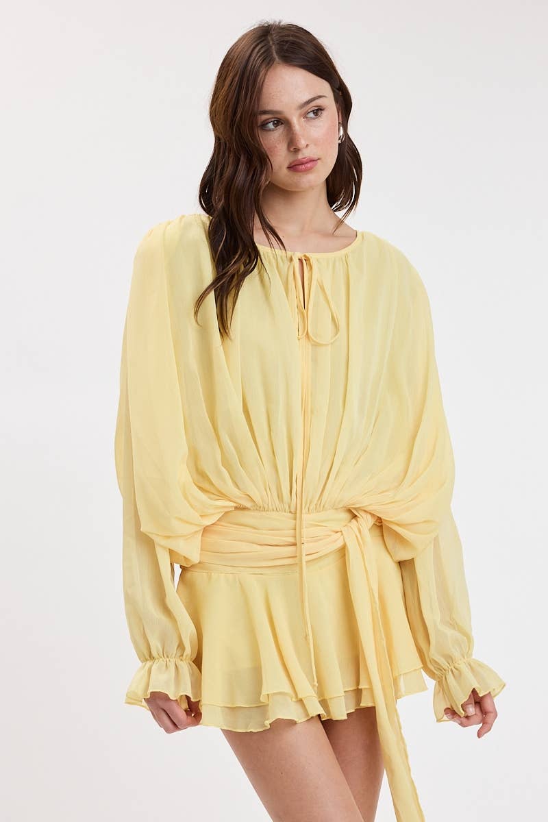 CRINKLE CHIFFON SHOULDER PAD RUFFLE MINI DRESS