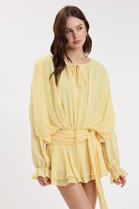 CRINKLE CHIFFON SHOULDER PAD RUFFLE MINI DRESS