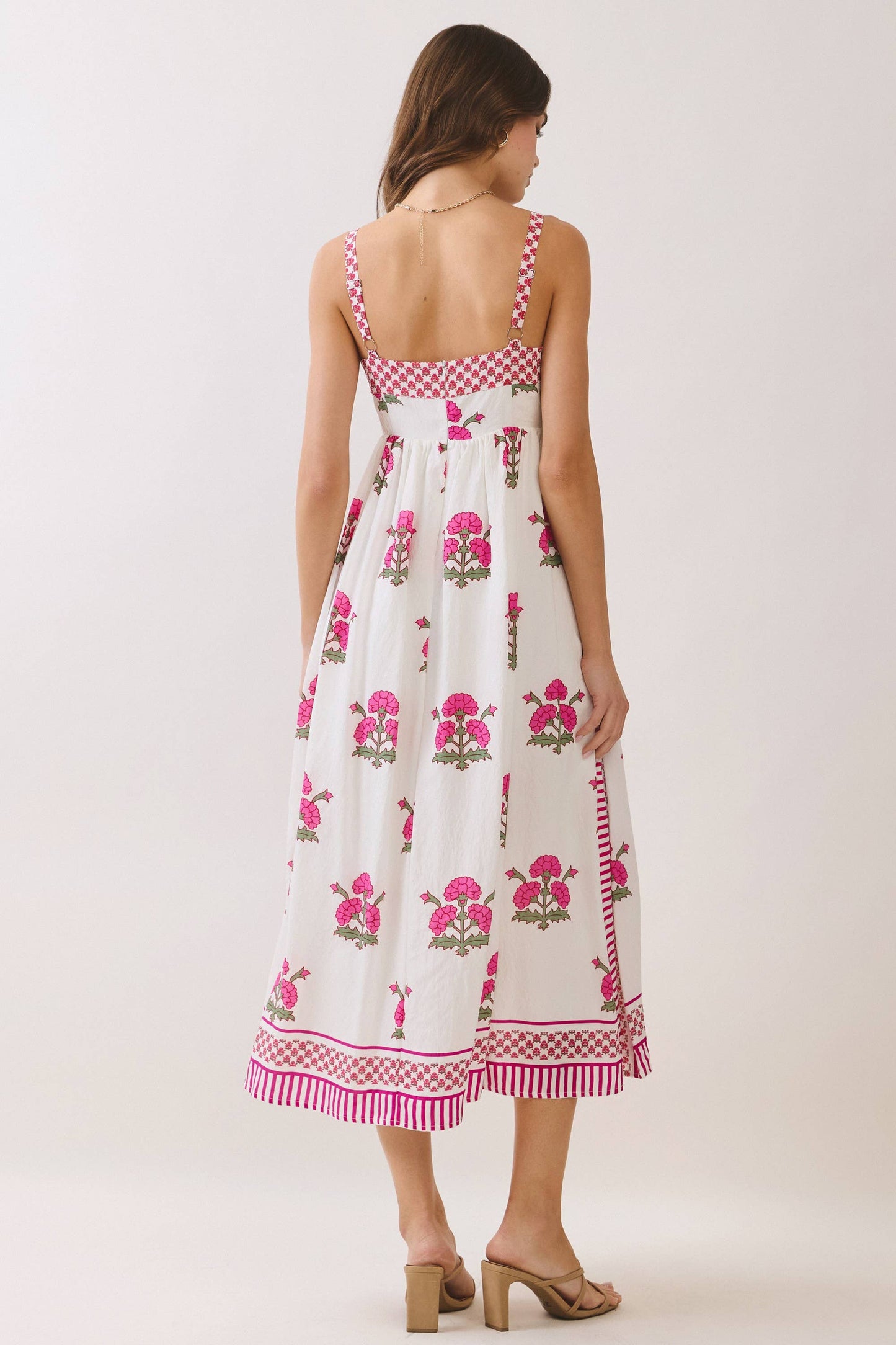 Floral Print Contrast Detail Square Neck Midi Dress