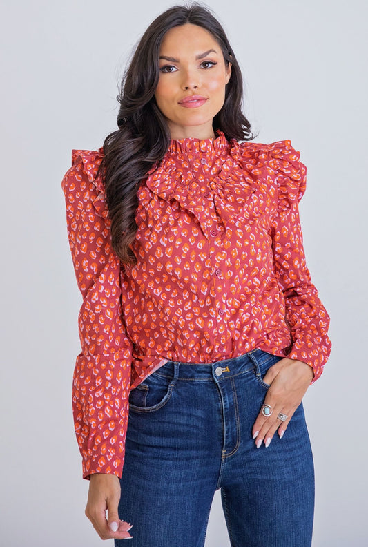 Leopard Poplin Ruffle Top - Karlie