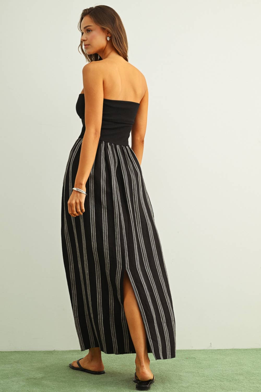 STRIPED PATTERN KNIT WITH RIBBED TOP COMBINATION DRESS