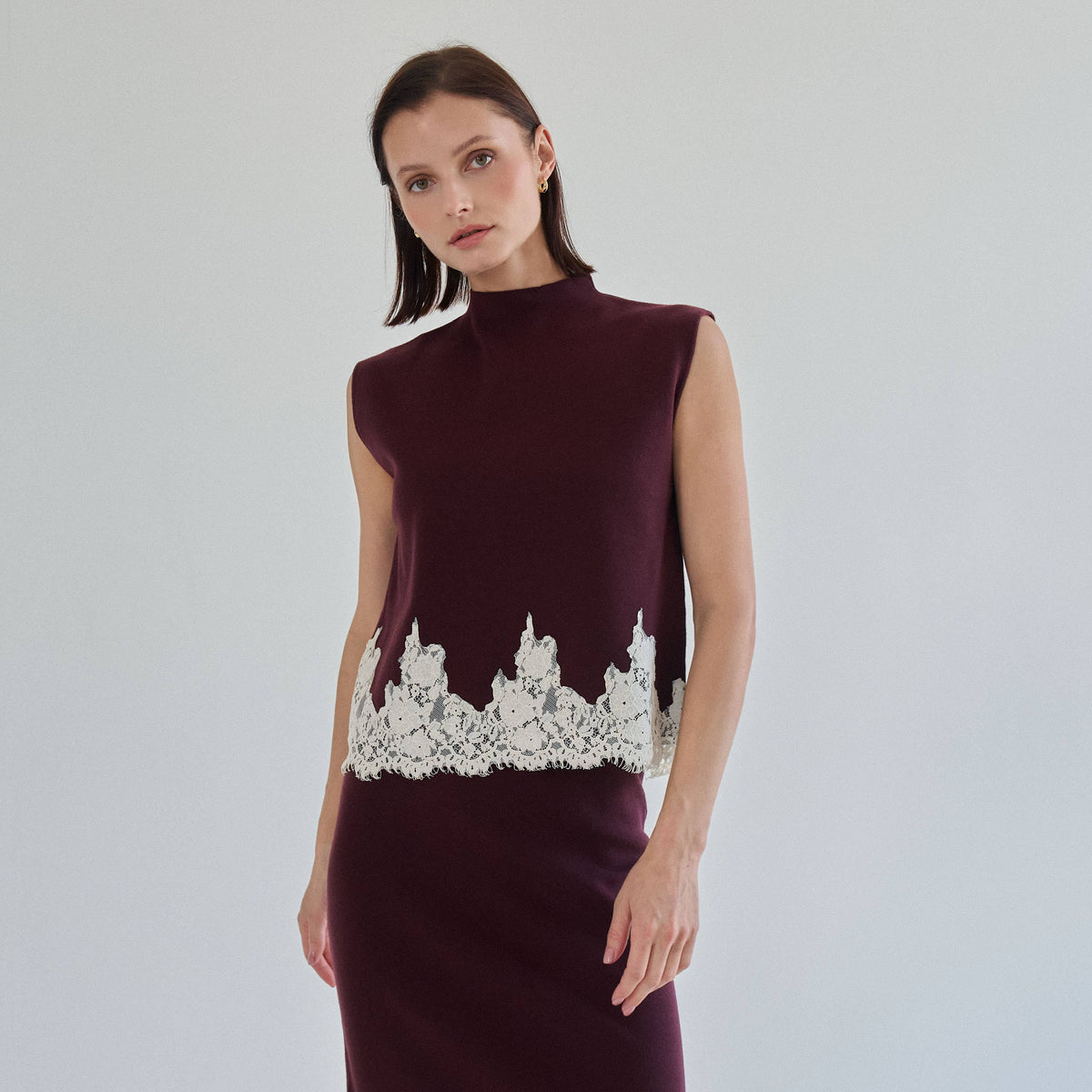 Lace Trim Mock Neck Top & Maxi Skirt Knit Set