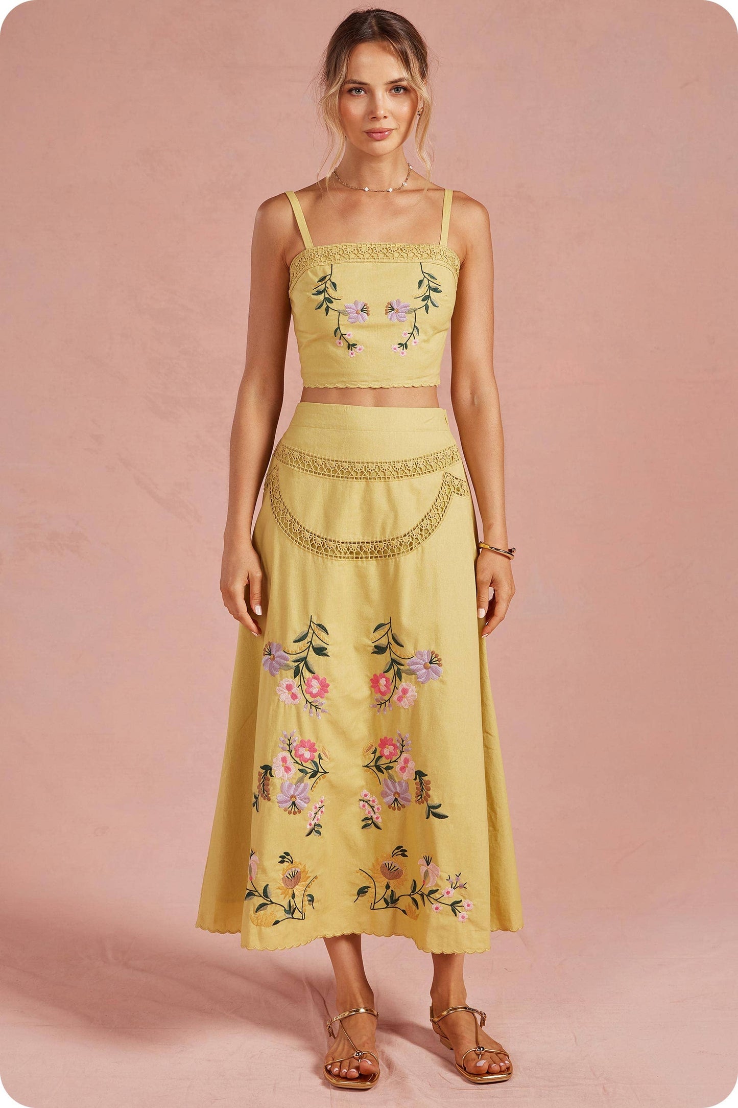 Embroidered Floral Lace Detail Top Skirt Set