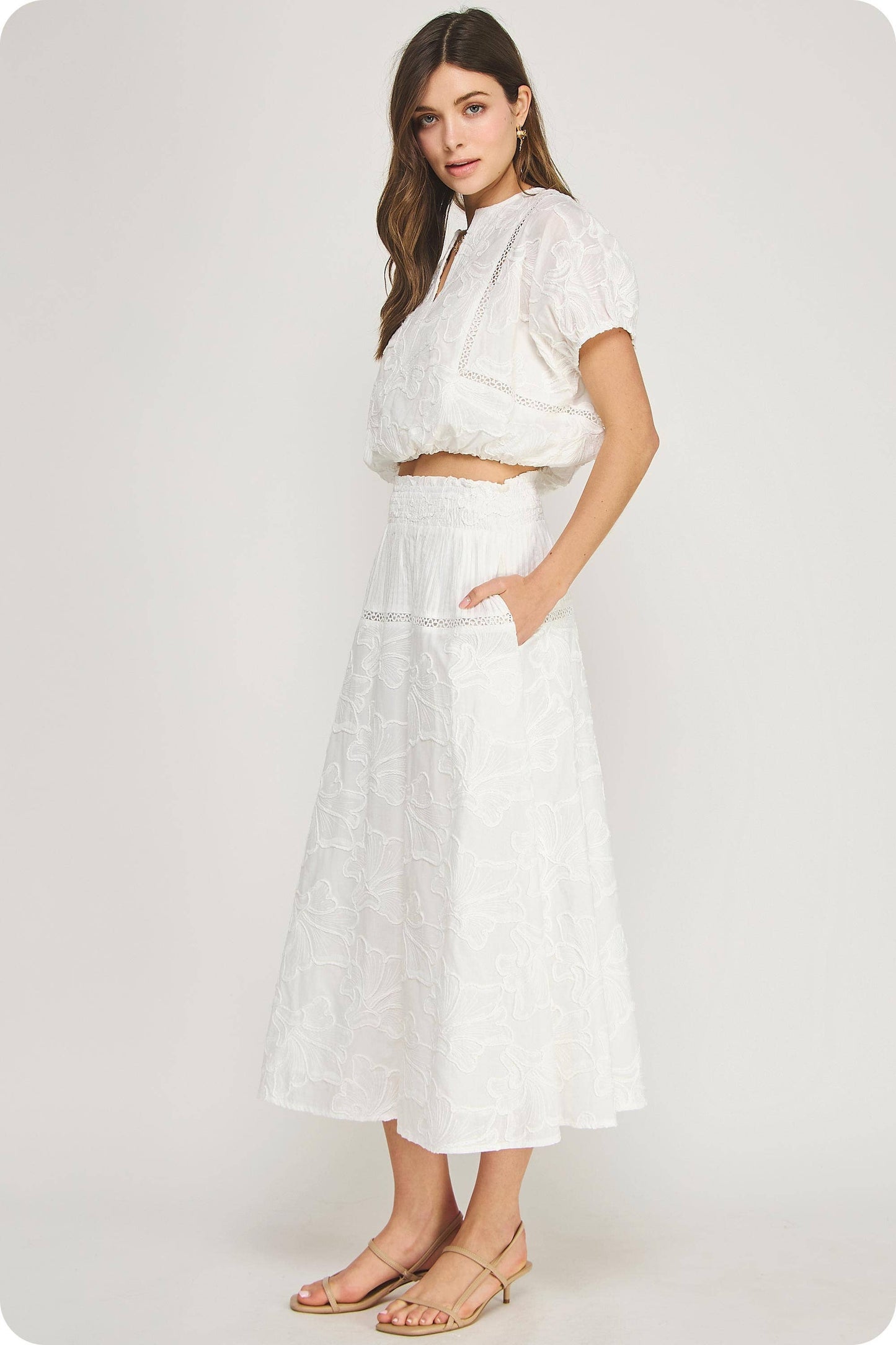 Floral Embroidery Cotton Lace Trim Skirt Top Set