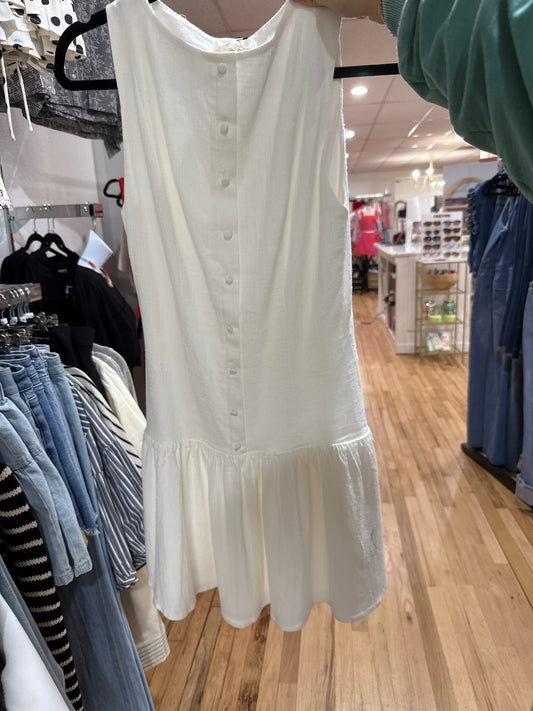 STRETCHY LINEN SLEEVELESS DROP WAIST MINI DRESS