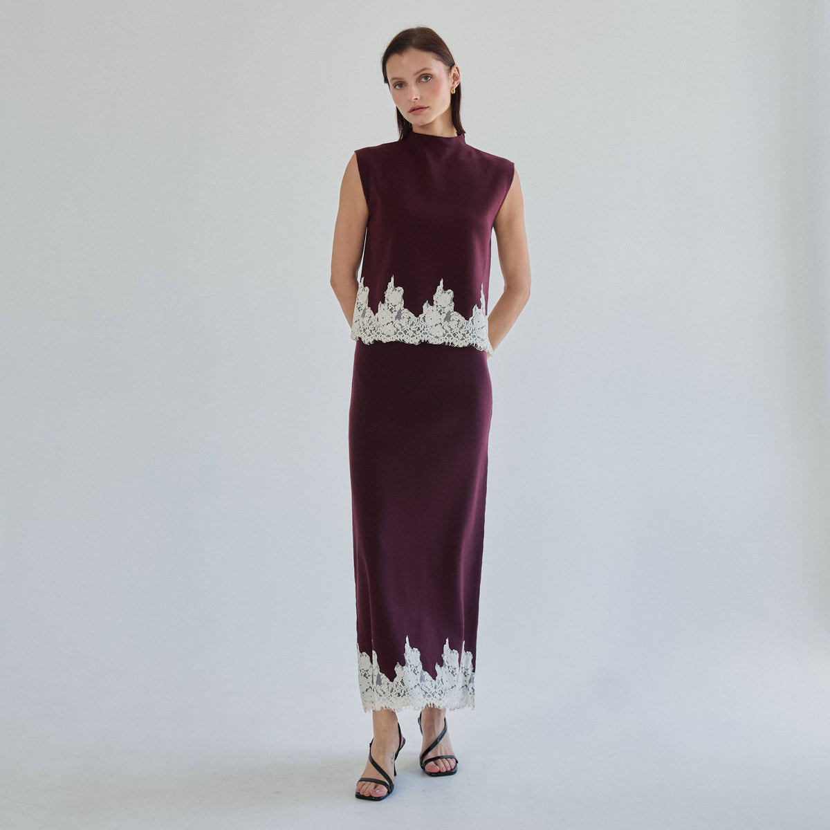 Lace Trim Mock Neck Top & Maxi Skirt Knit Set