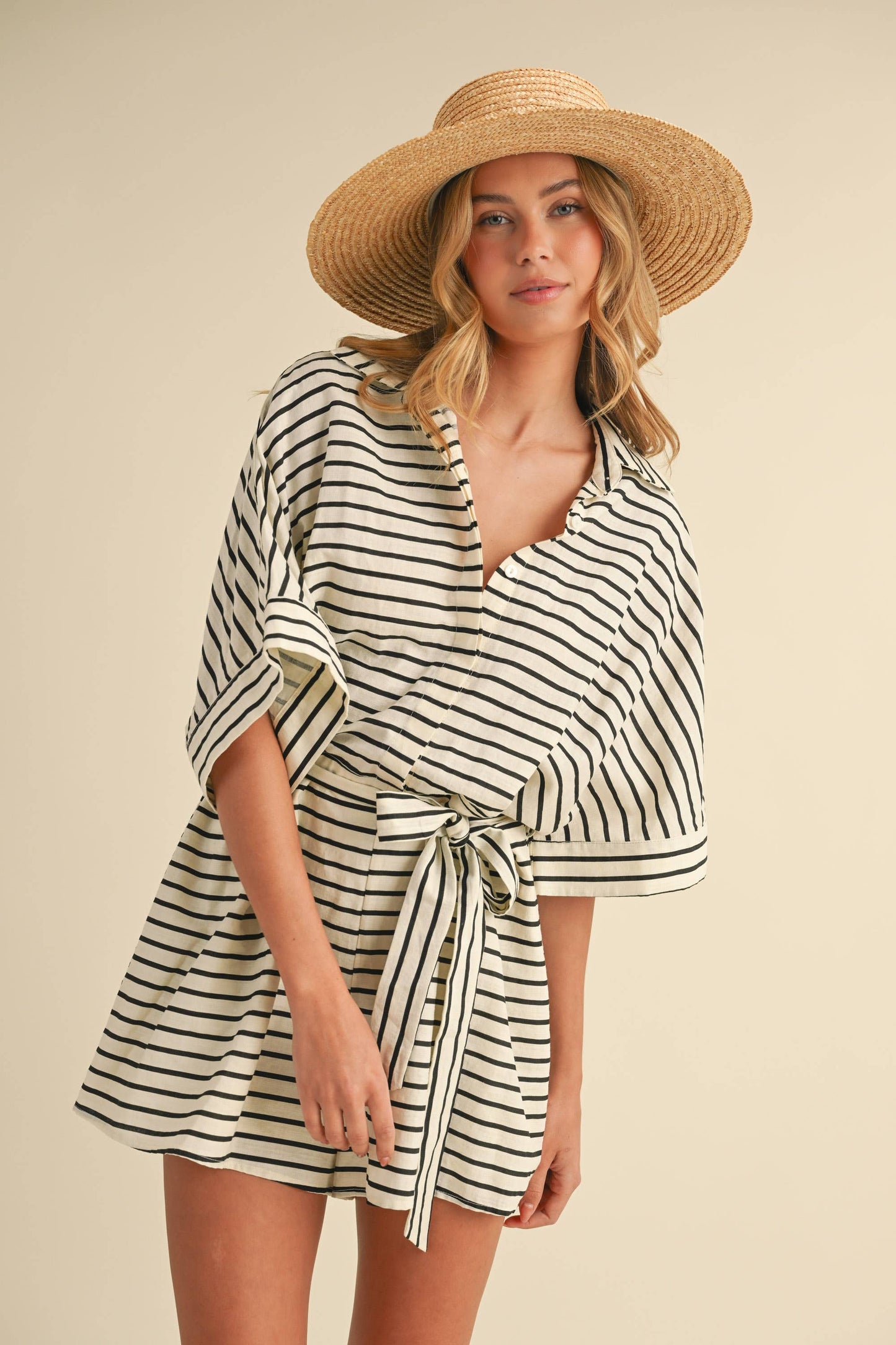STRIPED RELAXED FIT BELTED SHORT SLEEVE ROMPER