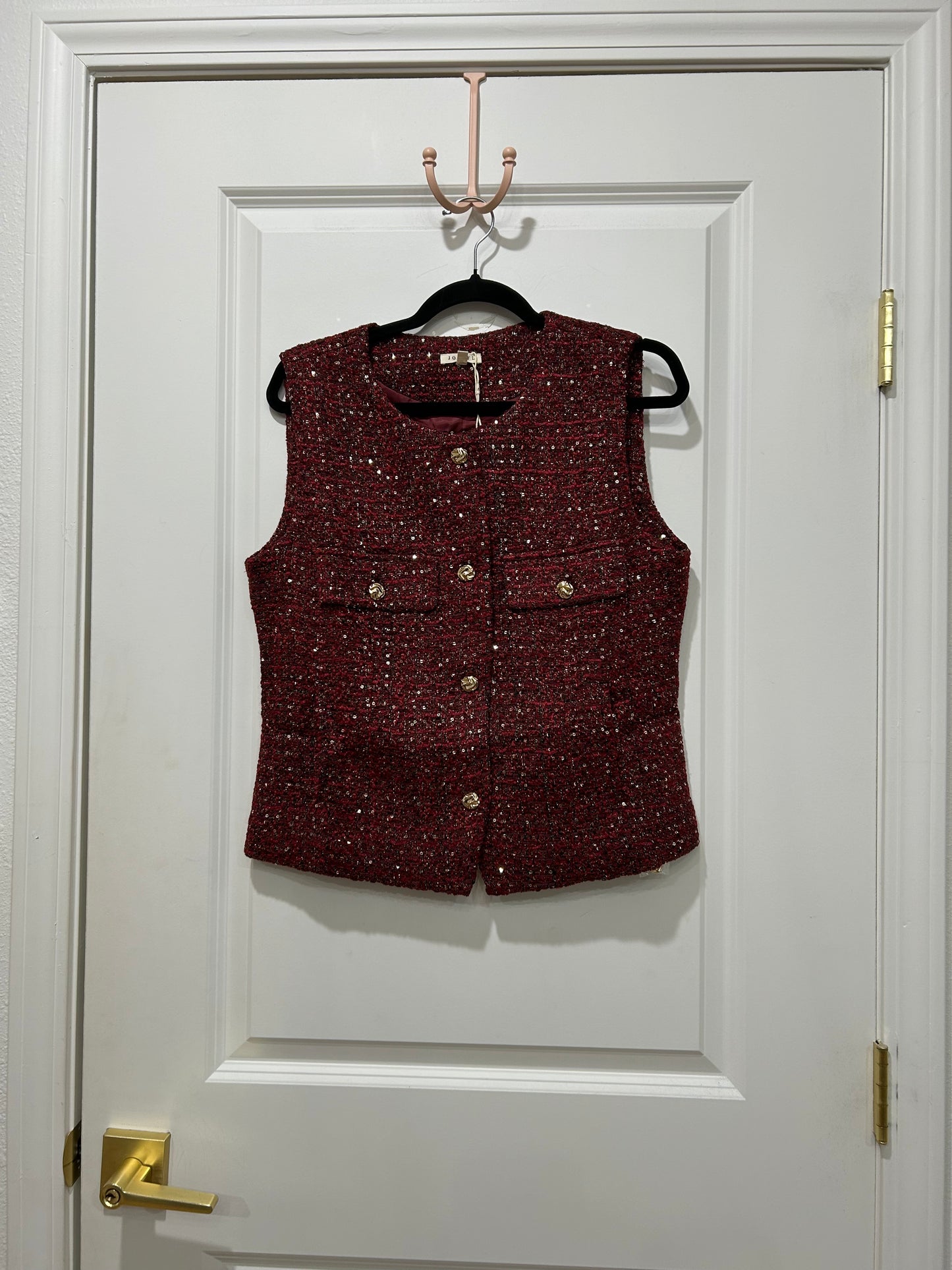 sleeveless red twill tiny sequin vest