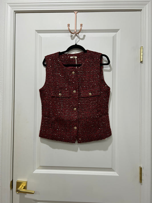 sleeveless red twill tiny sequin vest