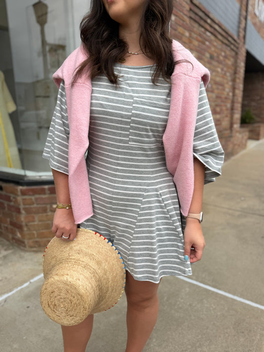 heather grey striped flowy romper