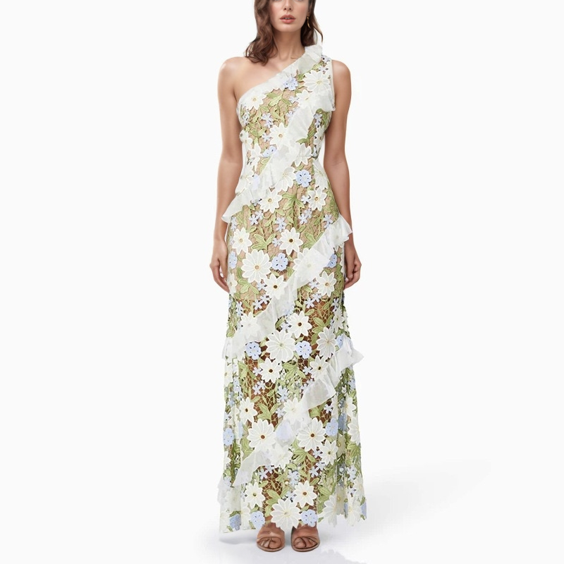 DR409 Floral Embroidered One-Shoulder Ruffle Maxi Dress