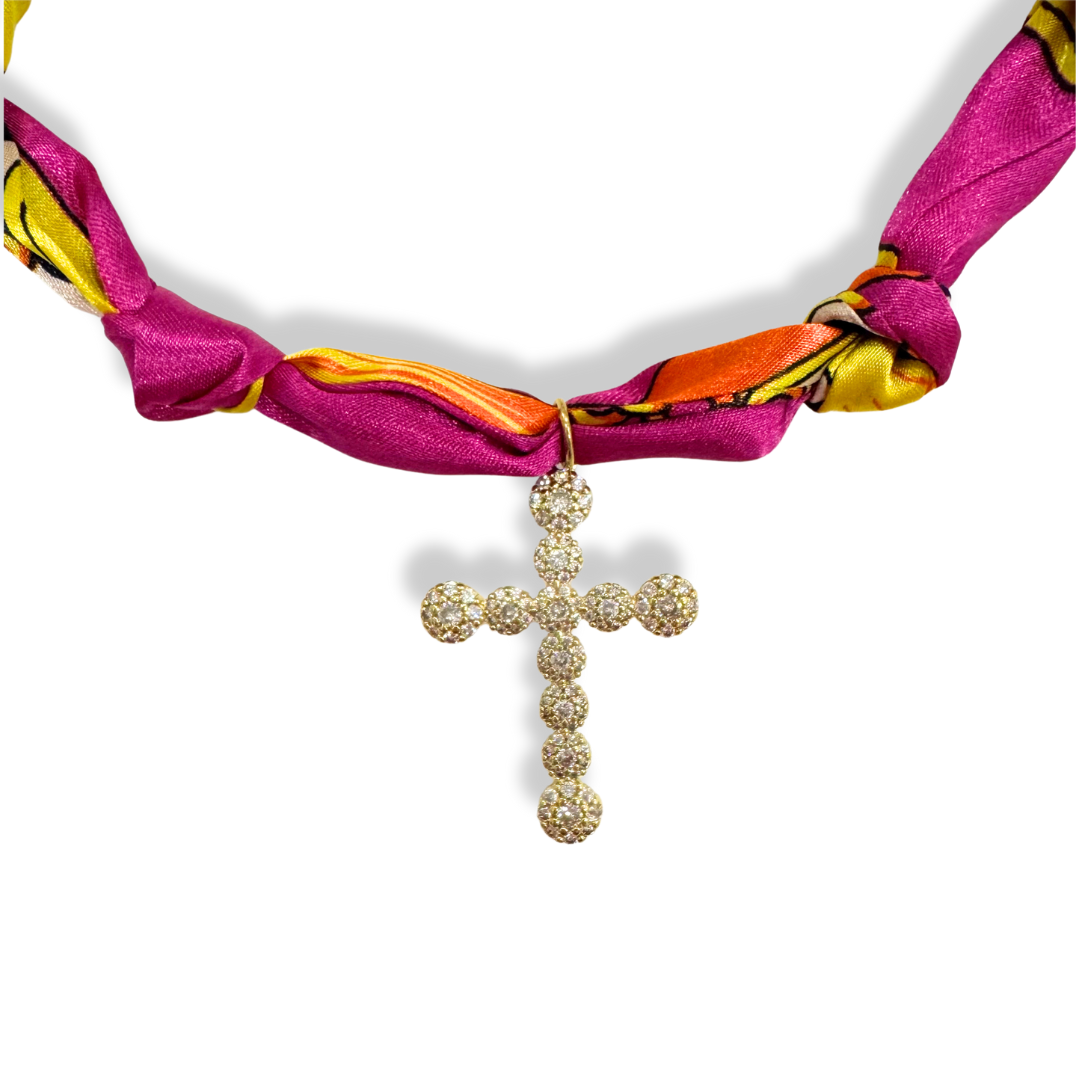 Pink Cross Spotted Scarf Bandana Necklace