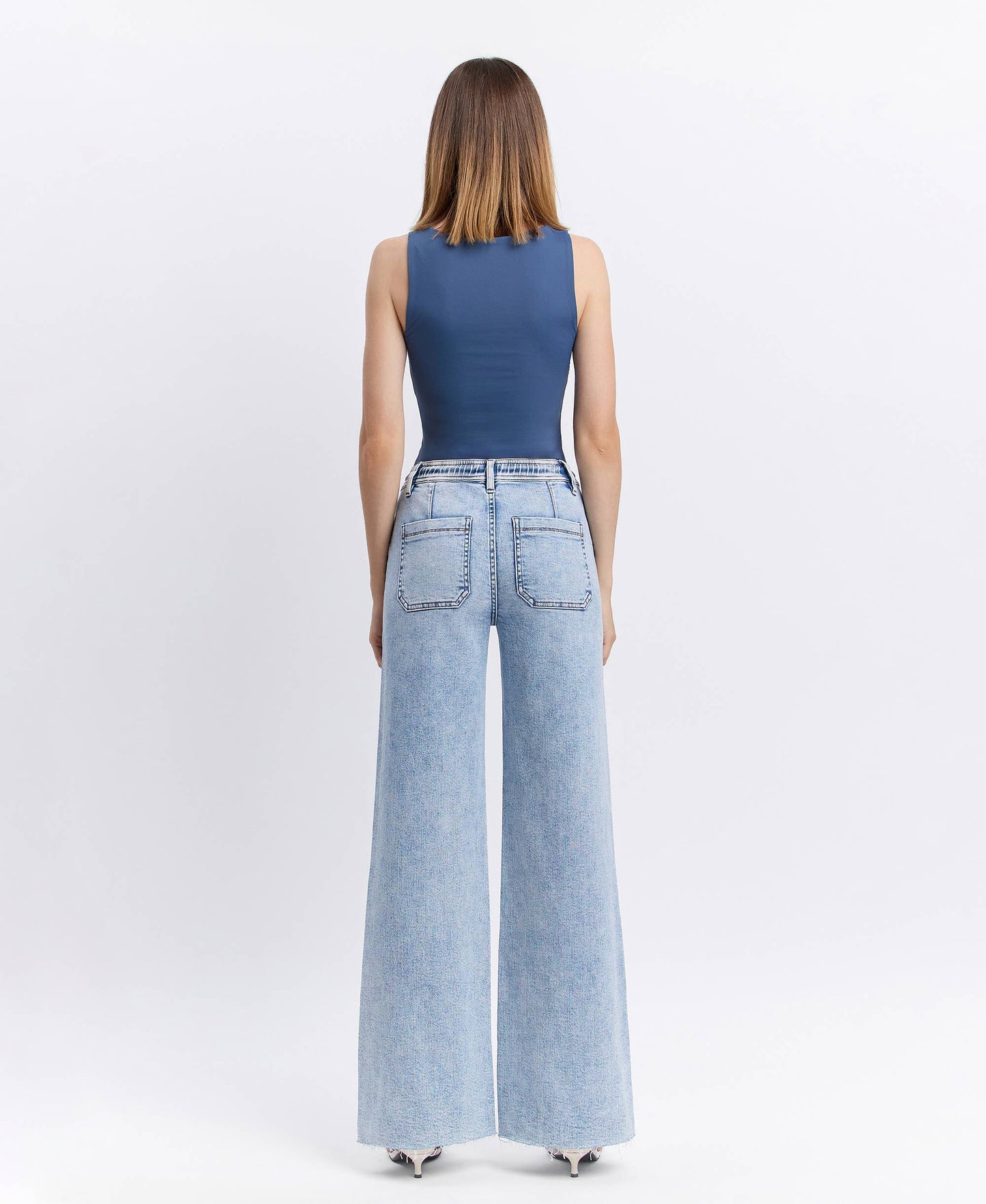HIGH RISE DRAWSTRING WAISTBAND WIDE LEG JEANS