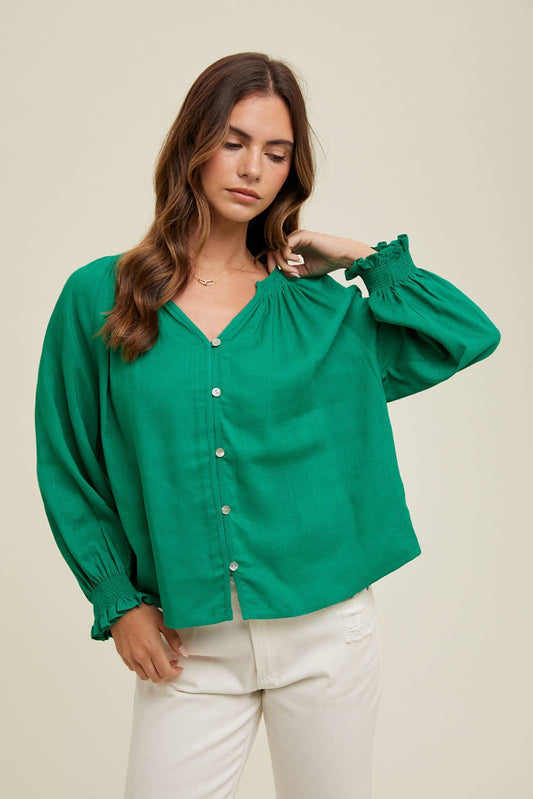 DROP SHOULDER BLOUSE/SMOCKED CUFF DETAIL