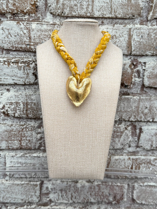 Chunky Mustard Bandana with Gold Leafed Heart Necklace  