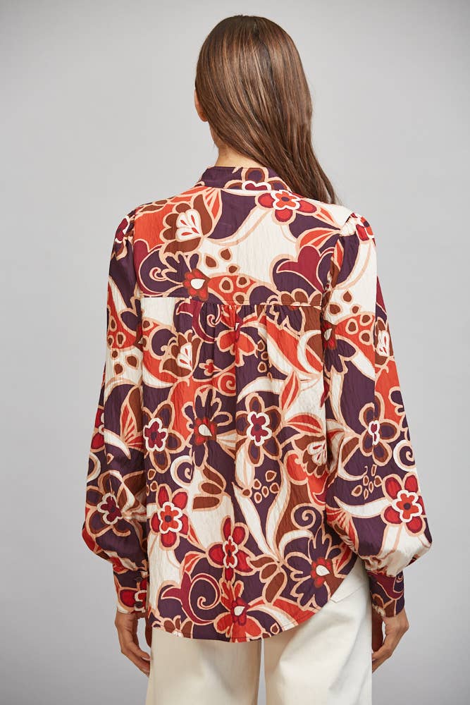 LARGE SCALE ABSTRACT FLORAL PRINT STAN-UP COLLAR BUTTON DOWN