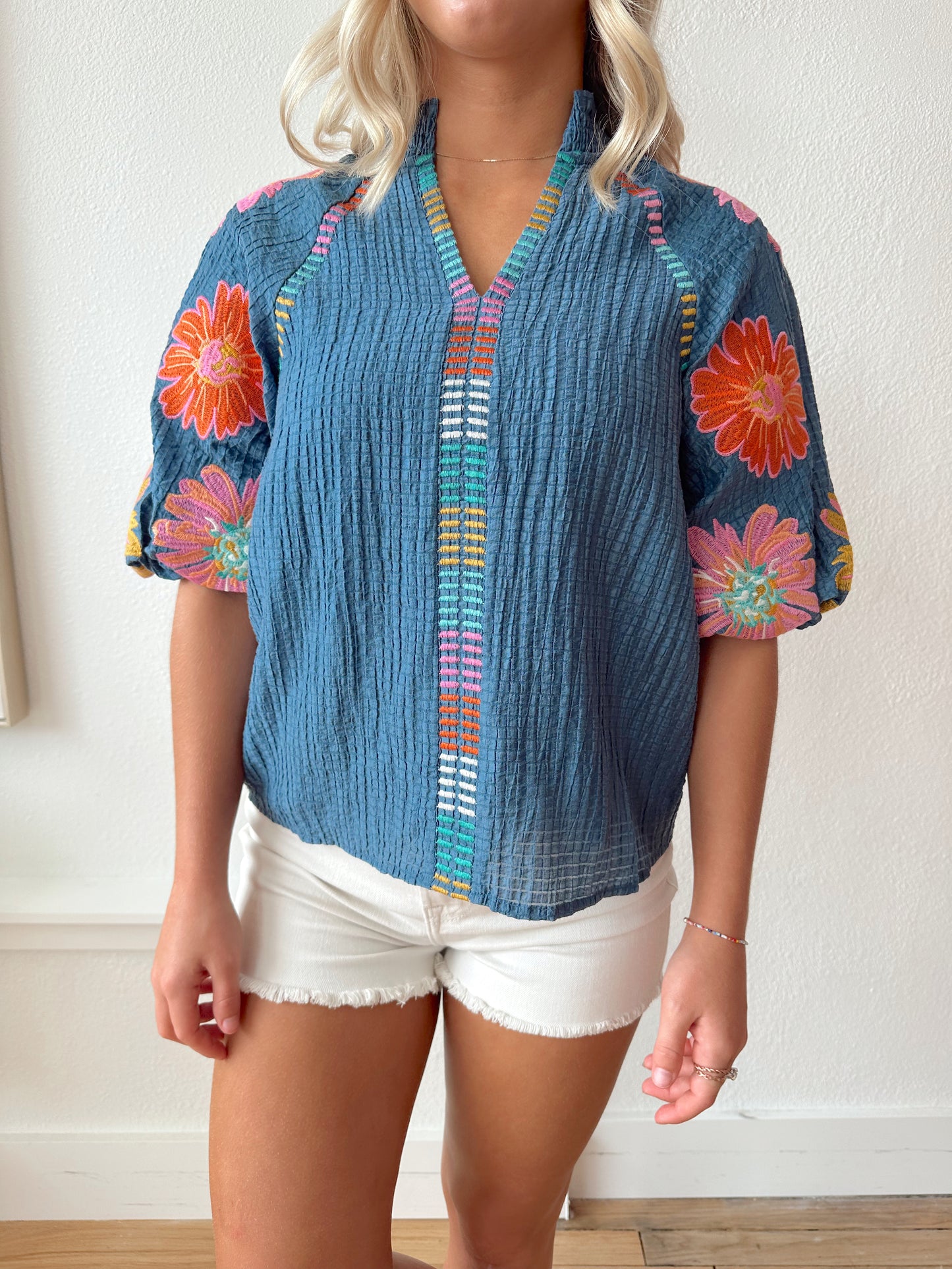 Blue Embroidered sleeve top